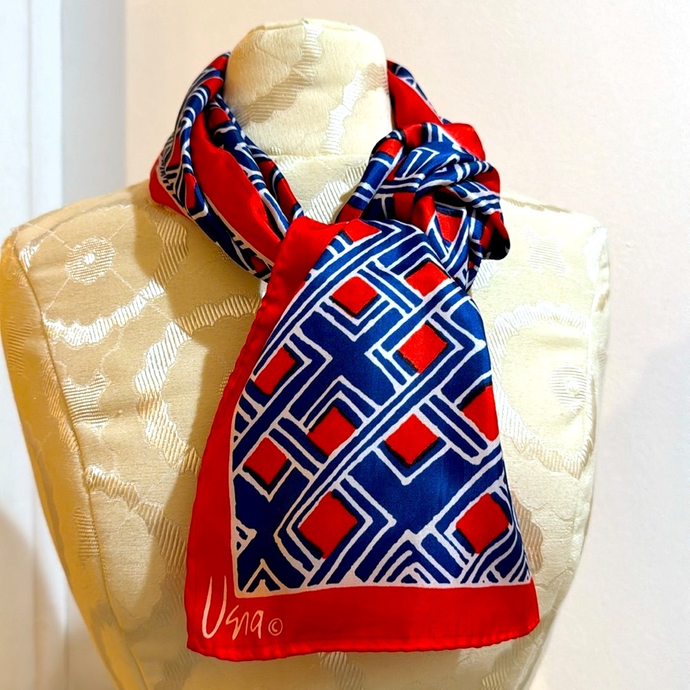 Vera Rectangular Geo Abstract Red White Blue Vintage Scarf Japan 44”x15 1/2”